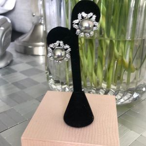 Grey pearl  CZ clip on earrings In sterling silver